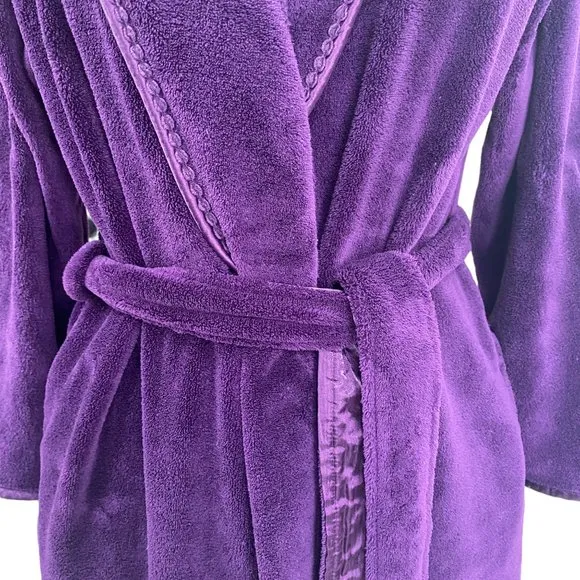 Oscar de la Renta Plush Fleece Satin Trim Calf Length Loungewear Spa Robe-S/M
