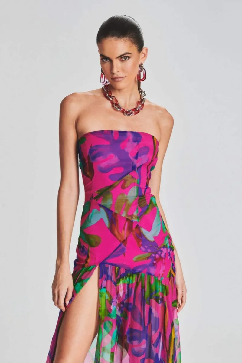 Pam | Printed Strapless Slit Maxi Dress