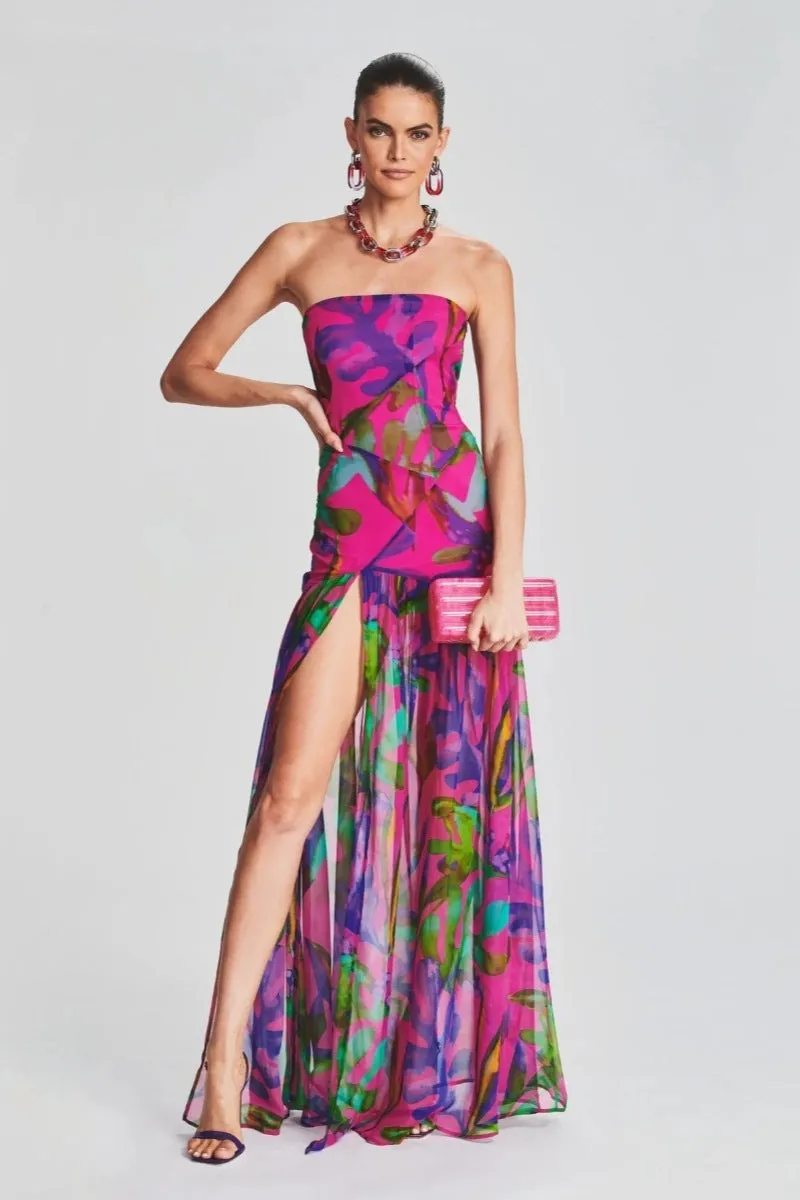 Pam | Printed Strapless Slit Maxi Dress