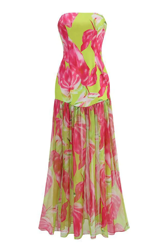 Pam | Printed Strapless Slit Maxi Dress