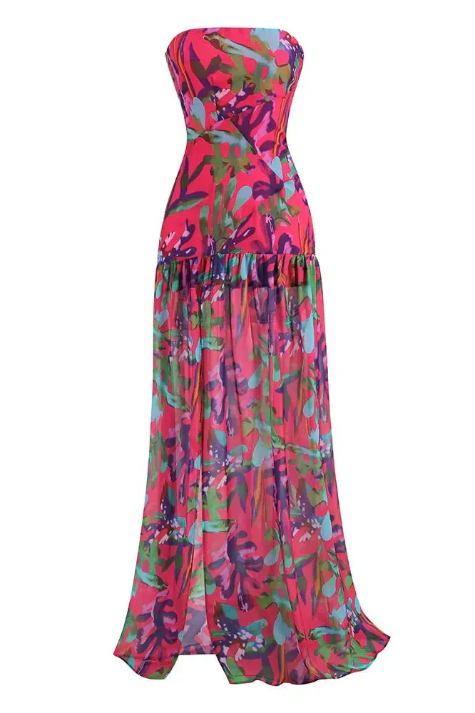 Pam | Printed Strapless Slit Maxi Dress