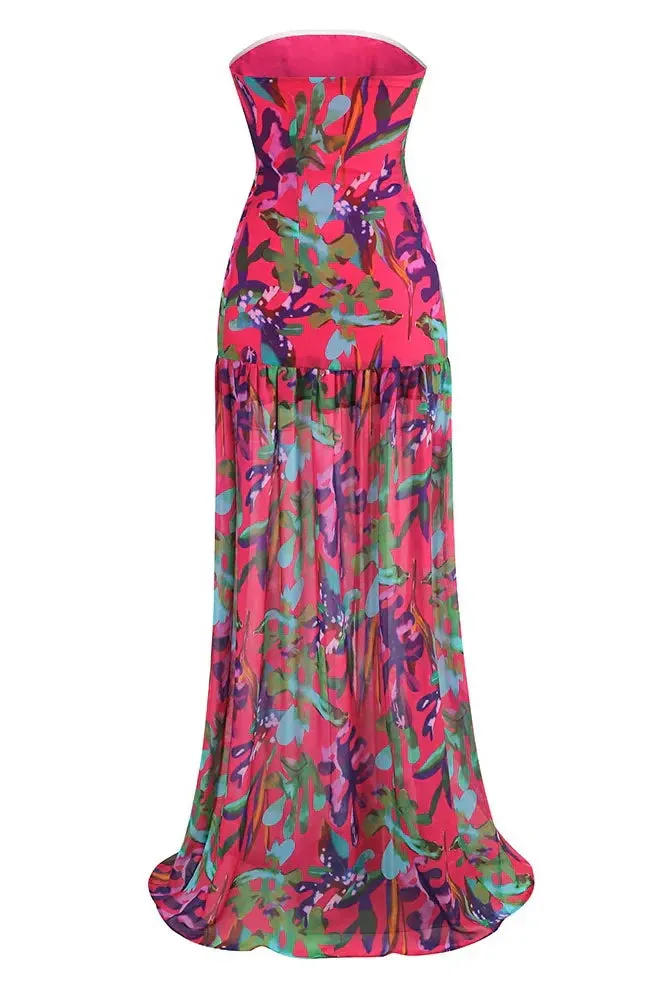 Pam | Printed Strapless Slit Maxi Dress
