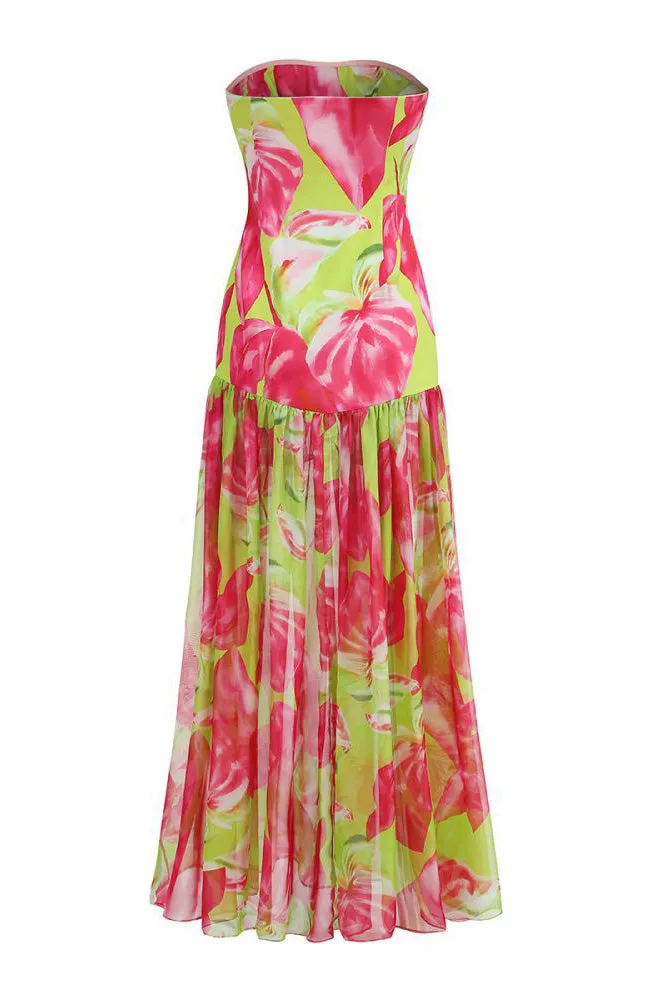 Pam | Printed Strapless Slit Maxi Dress