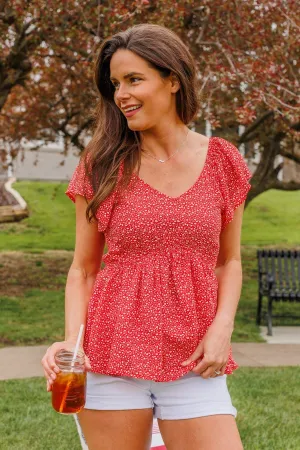 Picking Pansies Babydoll Floral Top- Red