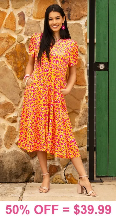 Pink & Yellow Leopard Midi Dress