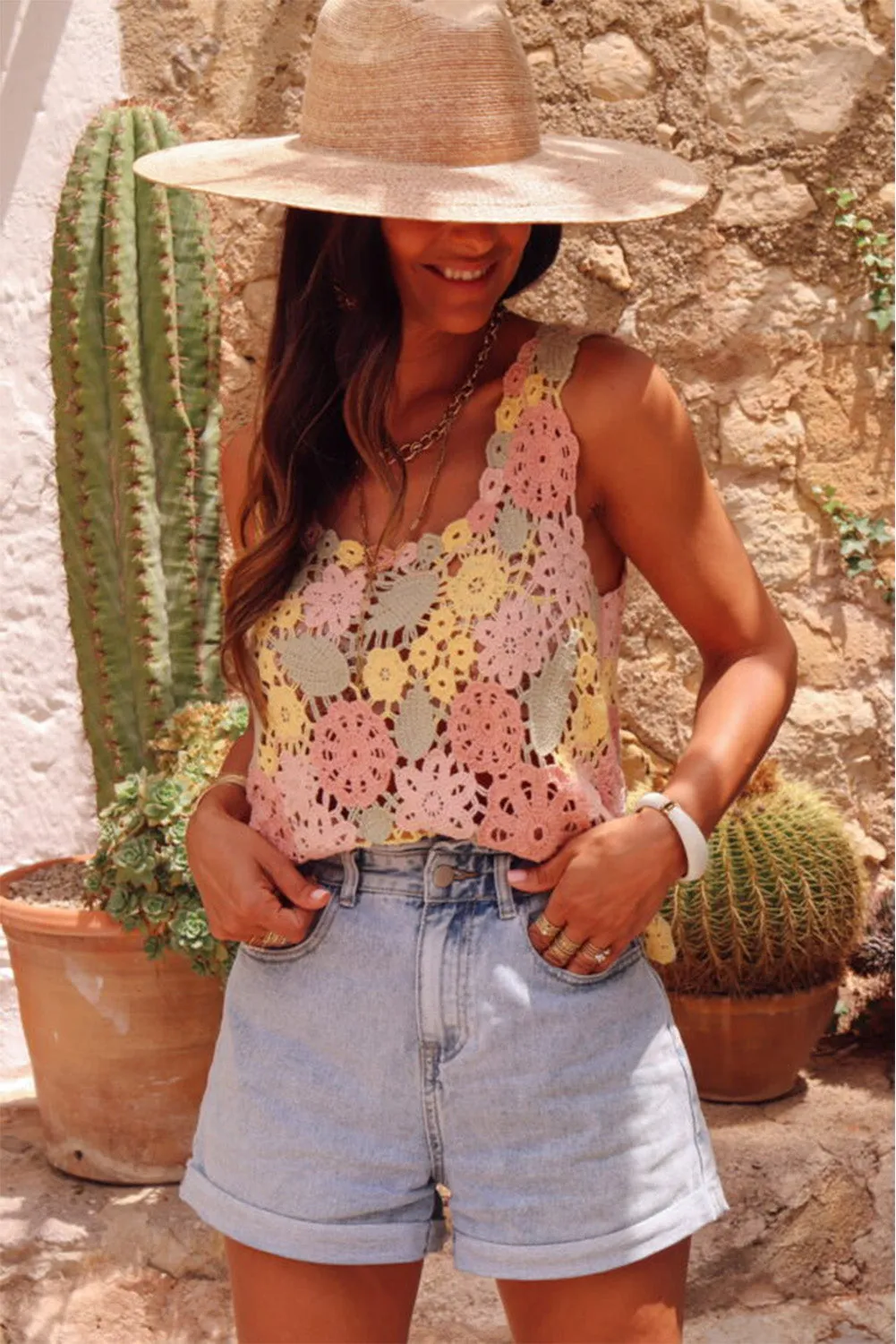 Pink Floral Eyelet Crochet Wide Straps Vest