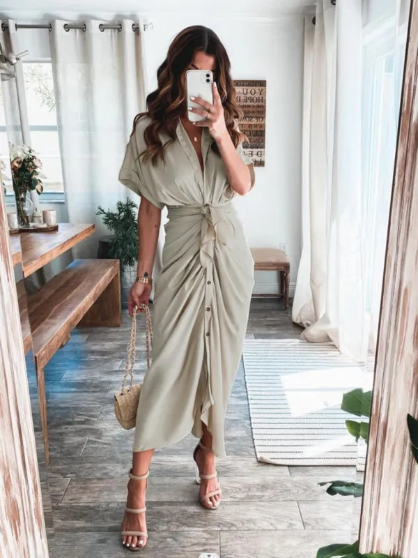Pleated Maxi Shirt Dress with Button-Down Front and Waist Tie