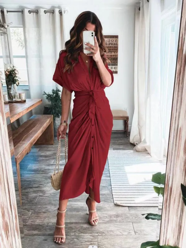 Pleated Maxi Shirt Dress with Button-Down Front and Waist Tie