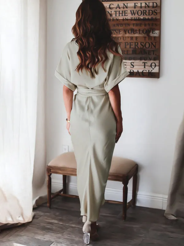 Pleated Maxi Shirt Dress with Button-Down Front and Waist Tie