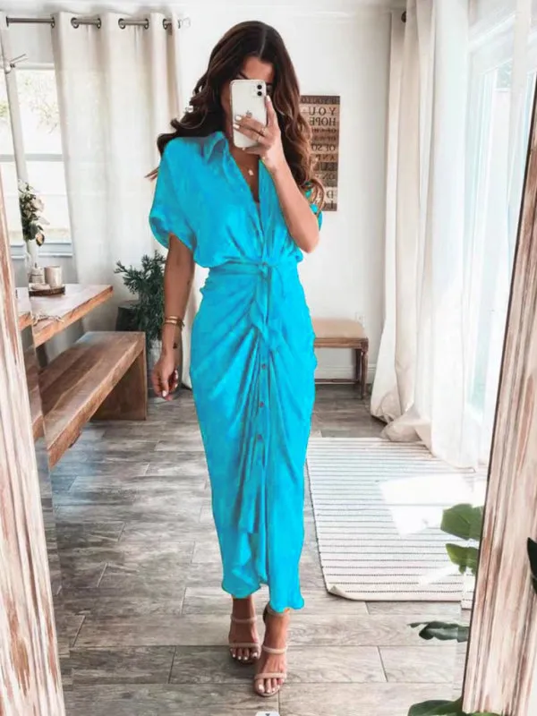 Pleated Maxi Shirt Dress with Button-Down Front and Waist Tie