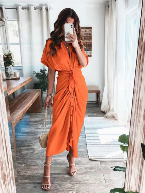 Pleated Maxi Shirt Dress with Button-Down Front and Waist Tie
