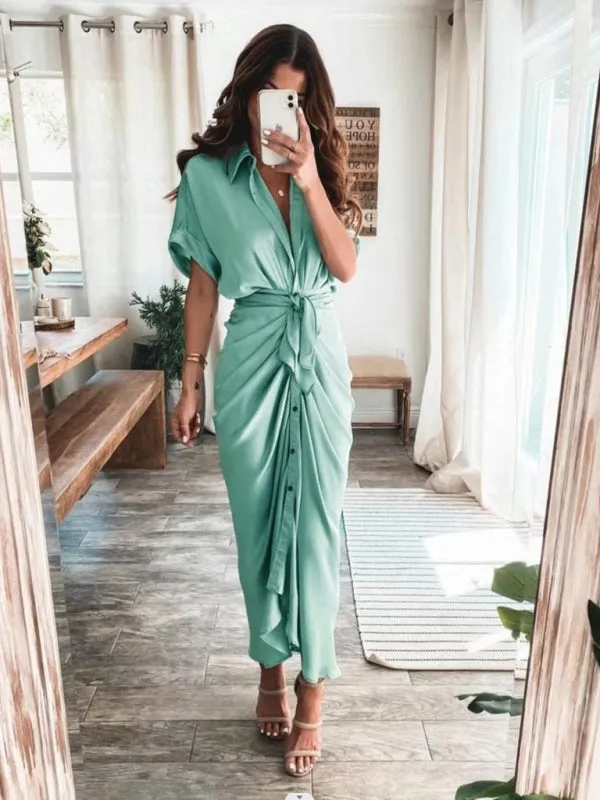 Pleated Maxi Shirt Dress with Button-Down Front and Waist Tie