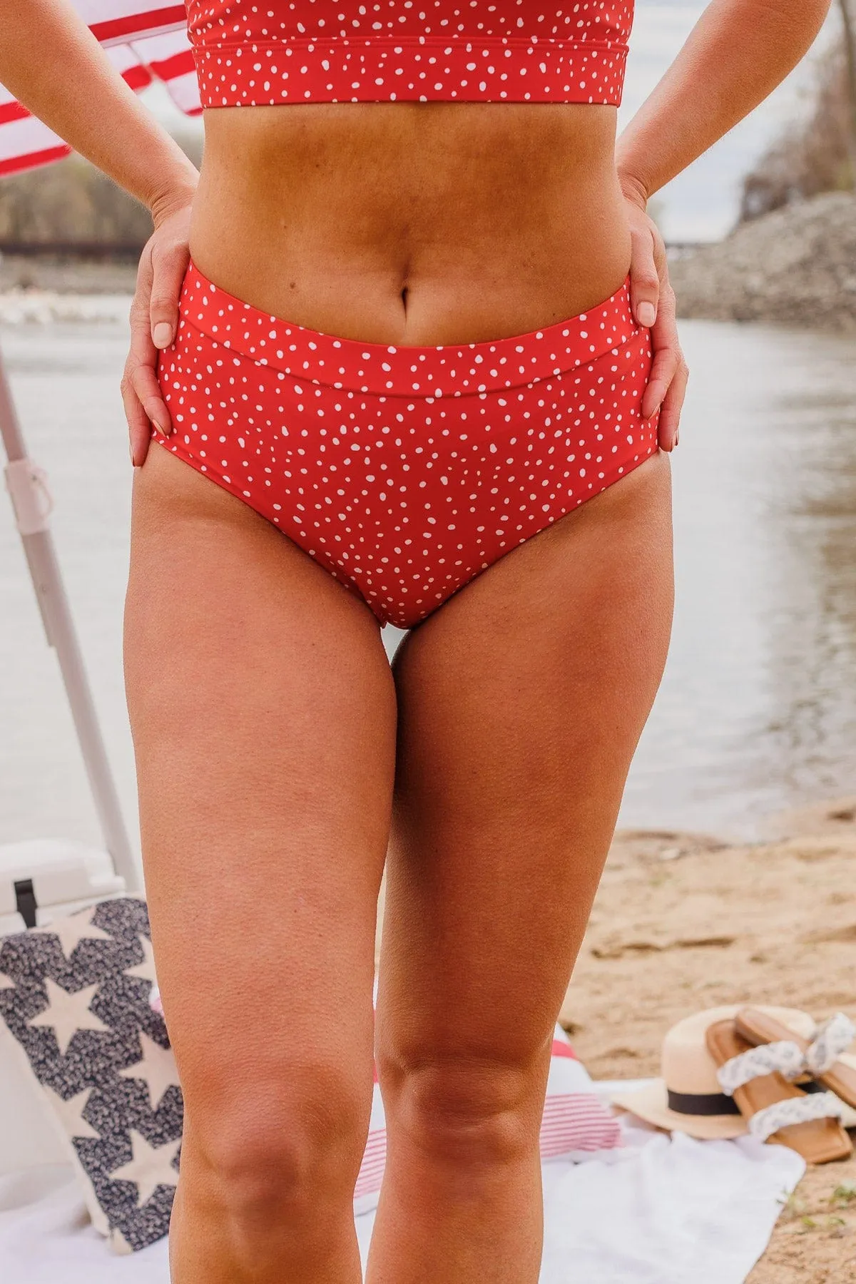 Poolside Perfection Mid-Rise Swim Bottoms- Red