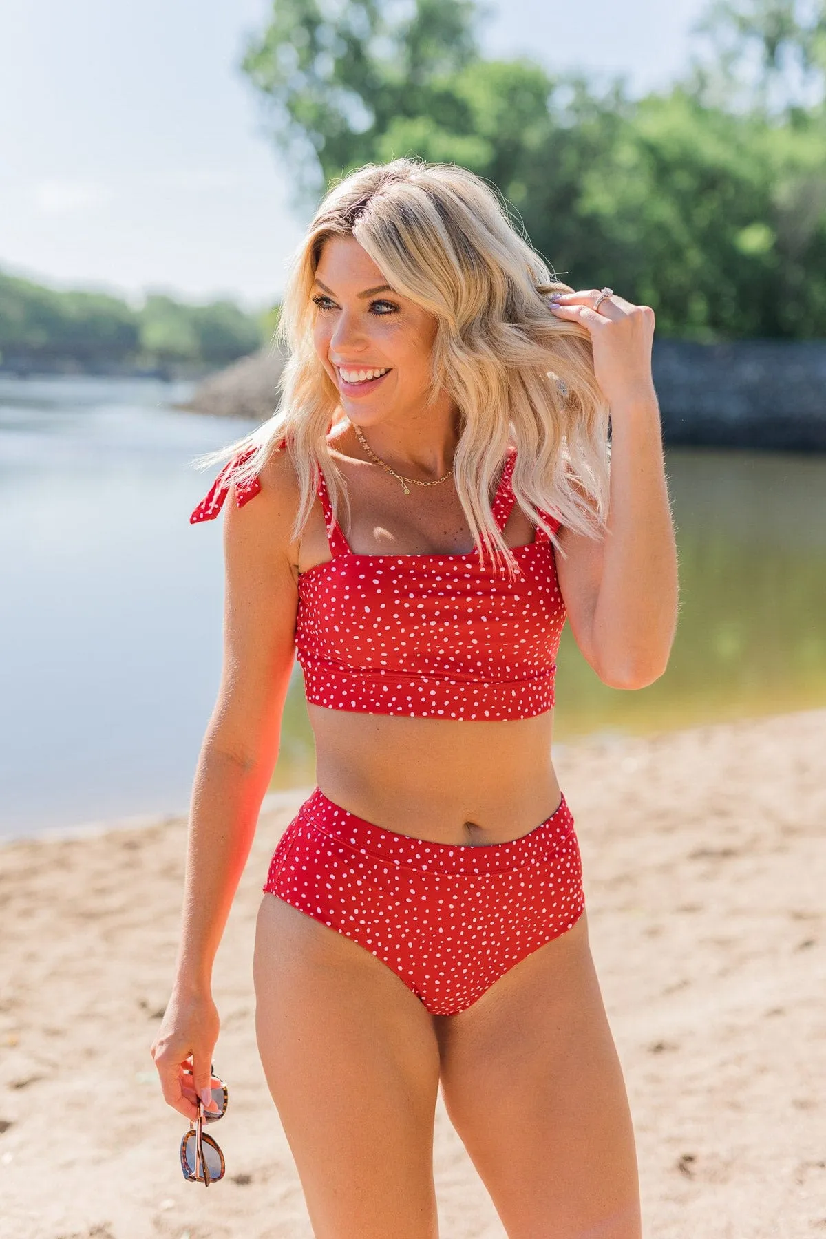 Poolside Perfection Mid-Rise Swim Bottoms- Red