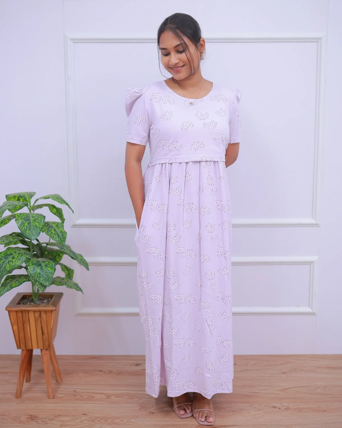 Premam | Zipless Maternity Dress - Puff Sleeves | Full Length Maxi