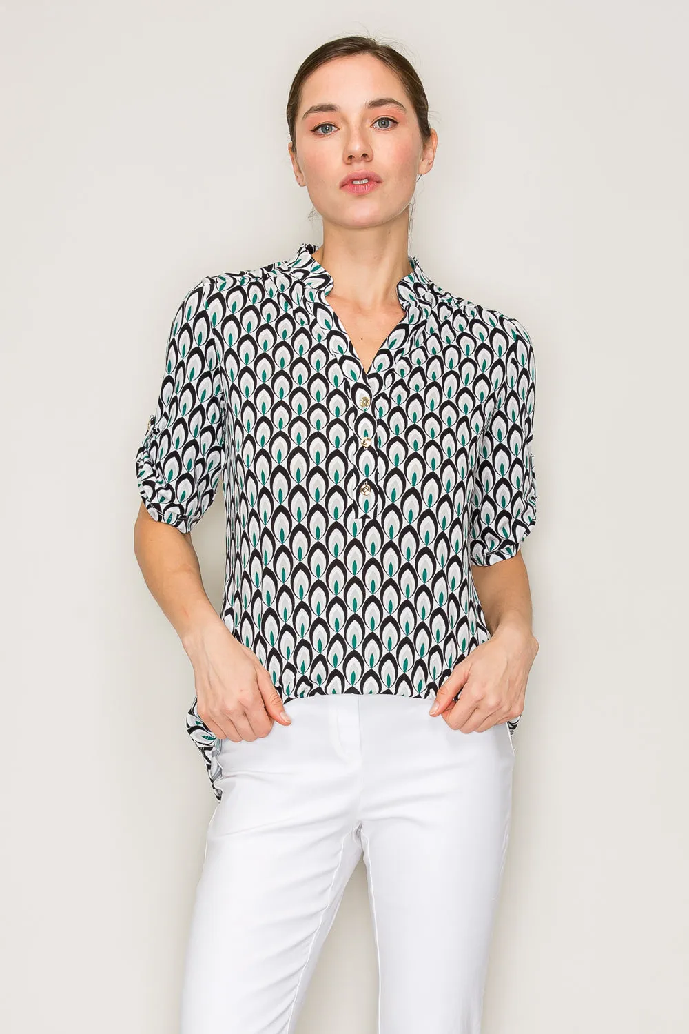 PRINTED BRUSHED HACCI CREW SIDE SLIT DOLMAN KNIT