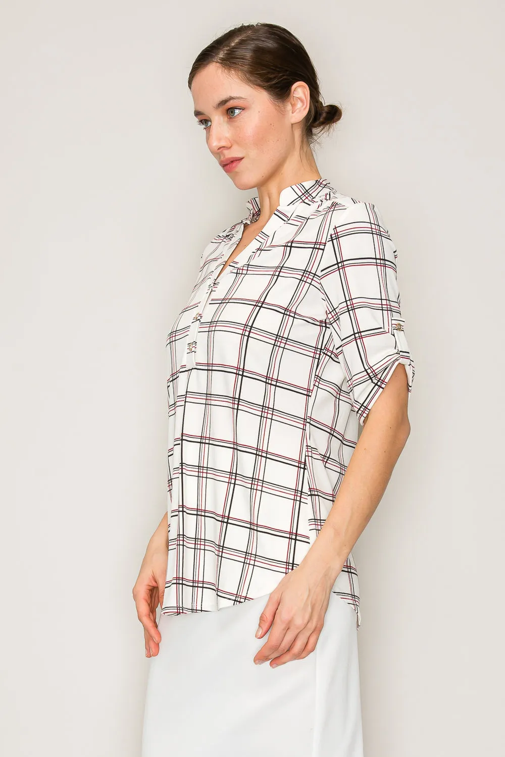 PRINTED BRUSHED HACCI CREW SIDE SLIT DOLMAN KNIT