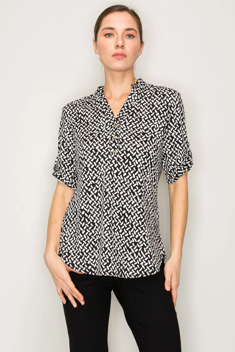 PRINTED BRUSHED HACCI CREW SIDE SLIT DOLMAN KNIT