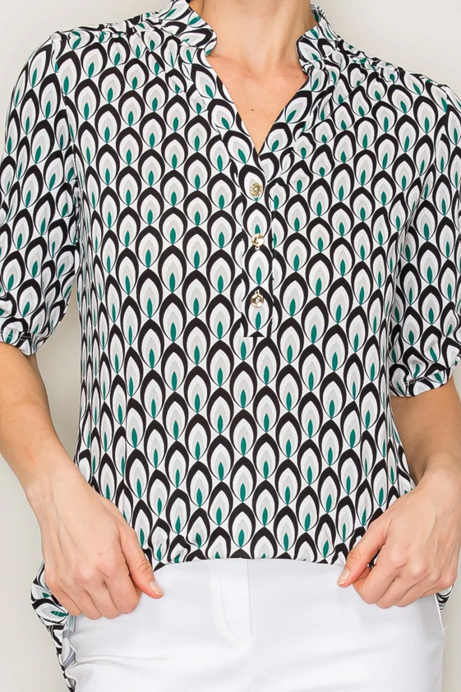 PRINTED BRUSHED HACCI CREW SIDE SLIT DOLMAN KNIT