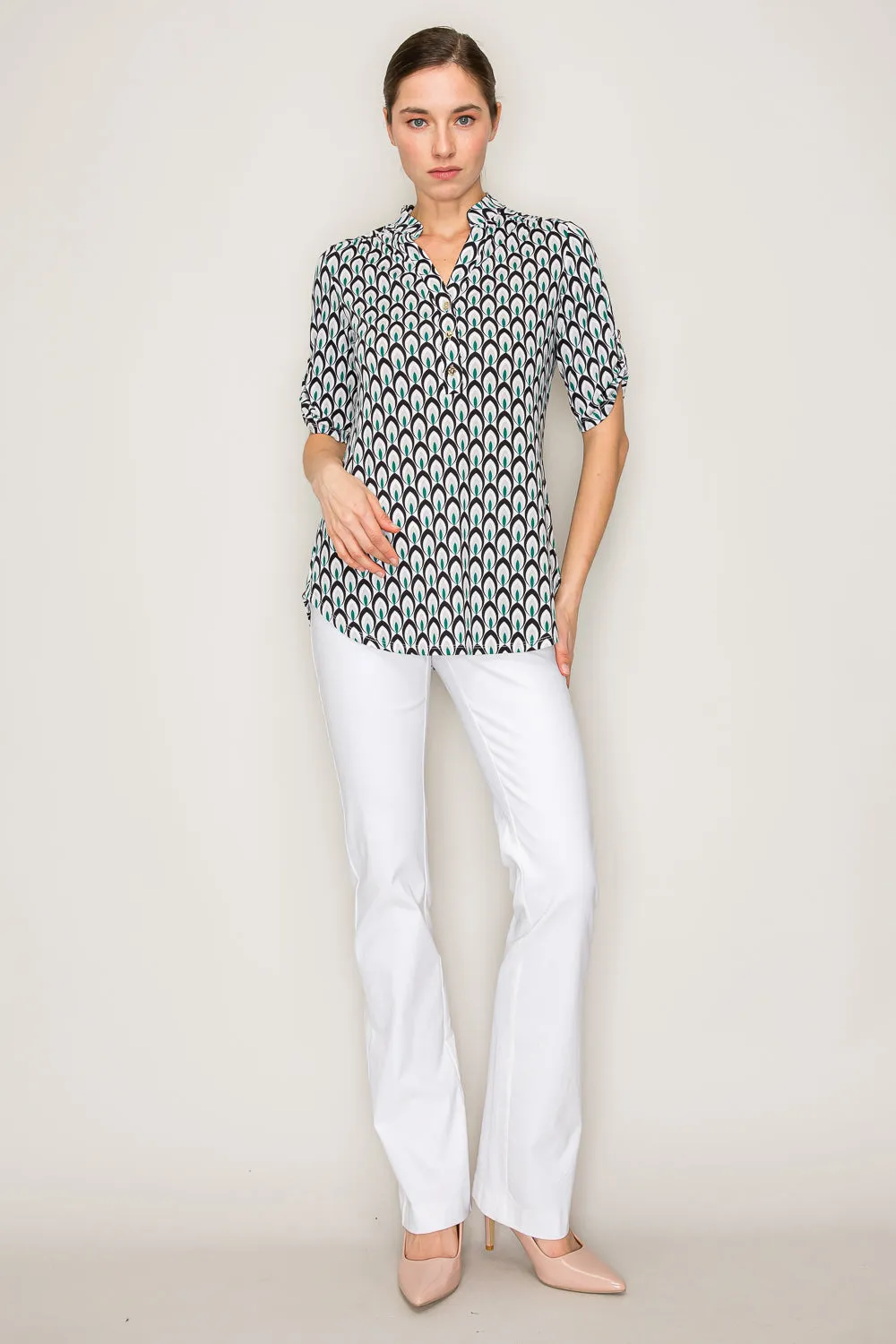 PRINTED BRUSHED HACCI CREW SIDE SLIT DOLMAN KNIT