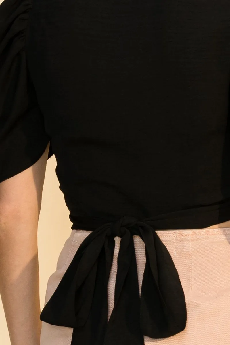 Puff Short Sleeve V Neck Wrap Crop Top