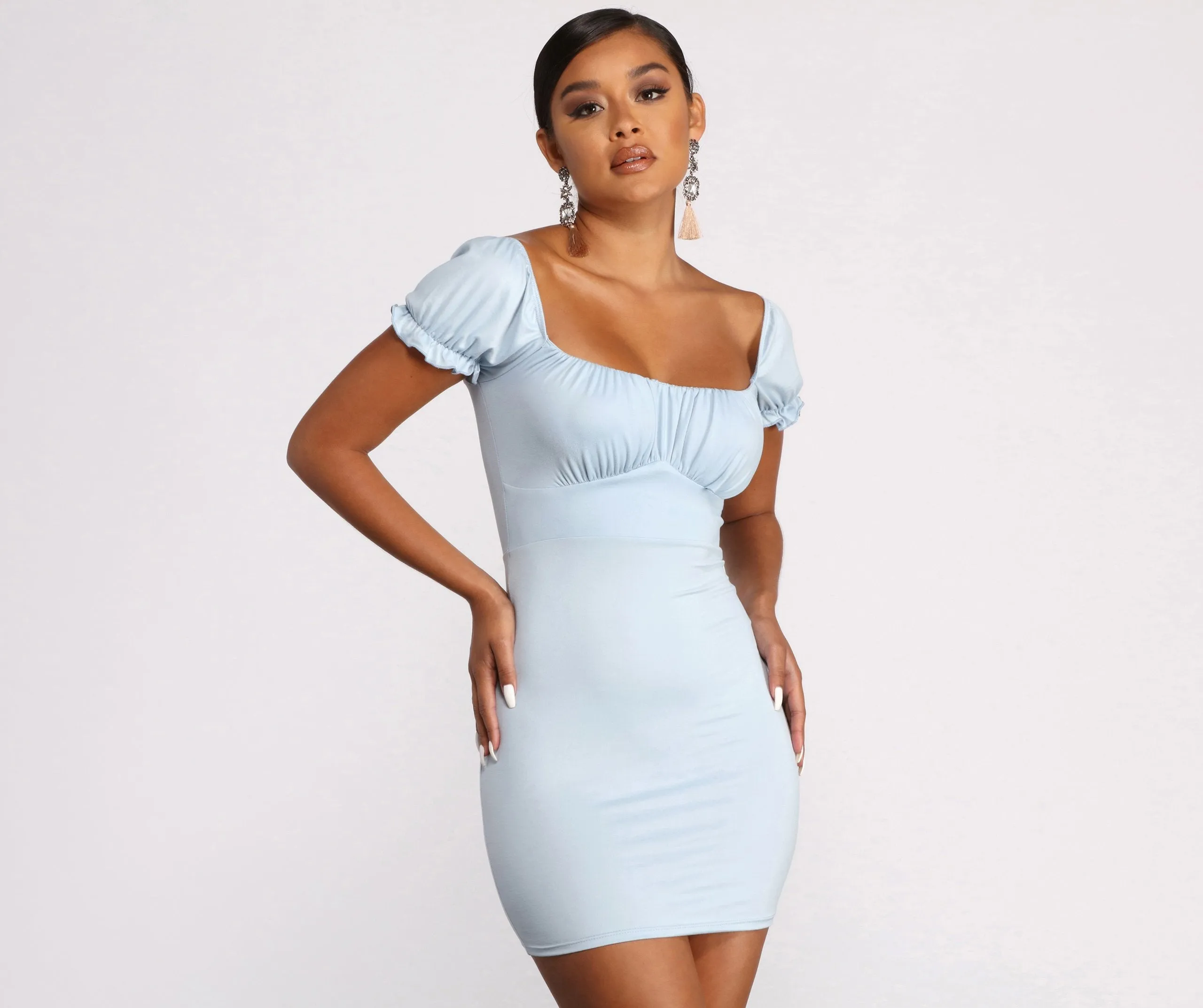 Puff Sleeve Ruched Charming Knit Mini Dress