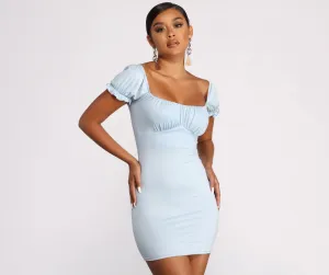 Puff Sleeve Ruched Charming Knit Mini Dress