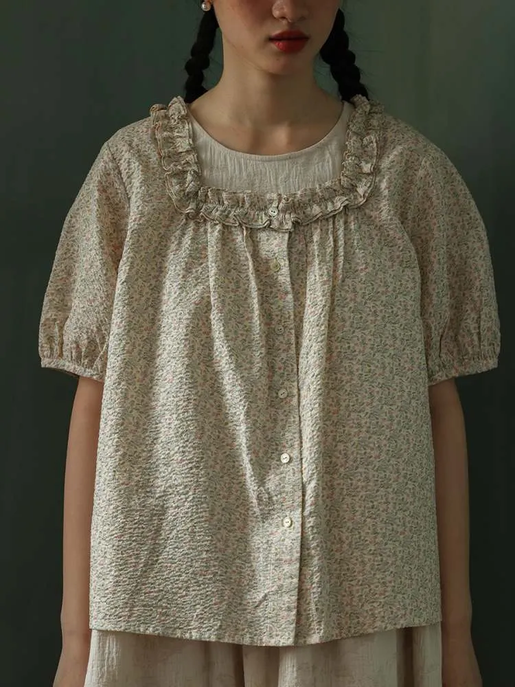 Puff Sleeves Square Neck Floral Tops【s0000006918】