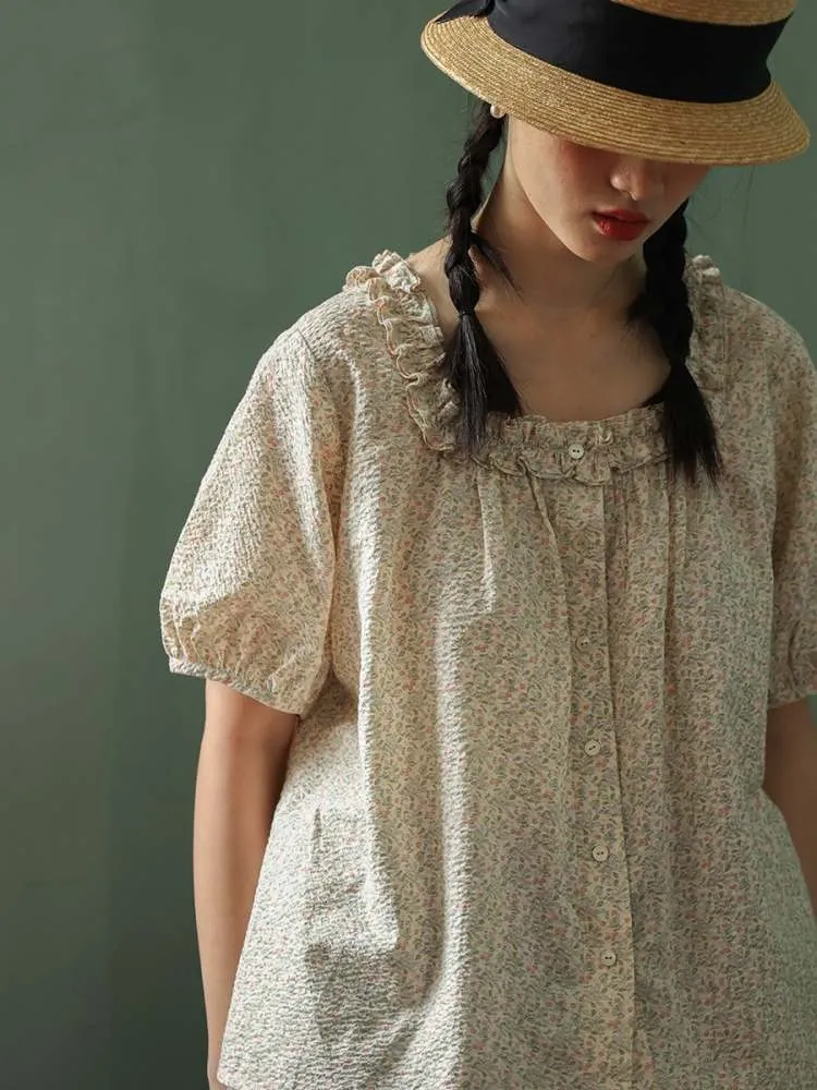Puff Sleeves Square Neck Floral Tops【s0000006918】