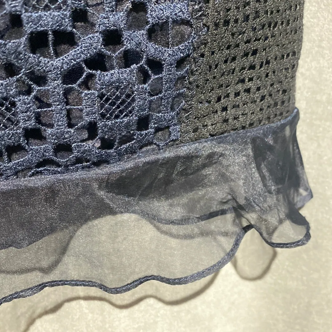 Rebecca Taylor Navy and Black Short Sleeve Lace Multi Fabric Top