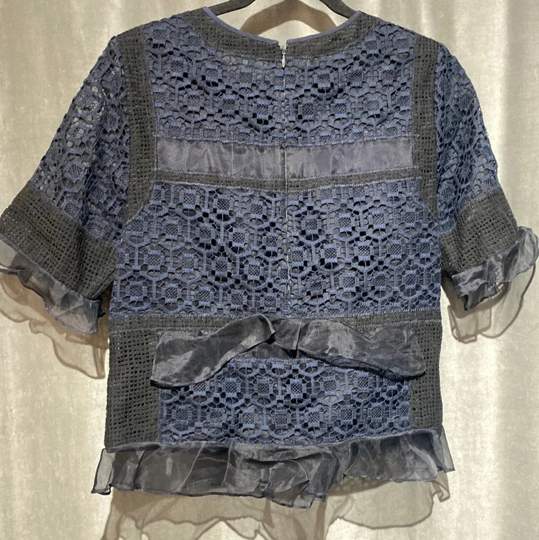 Rebecca Taylor Navy and Black Short Sleeve Lace Multi Fabric Top