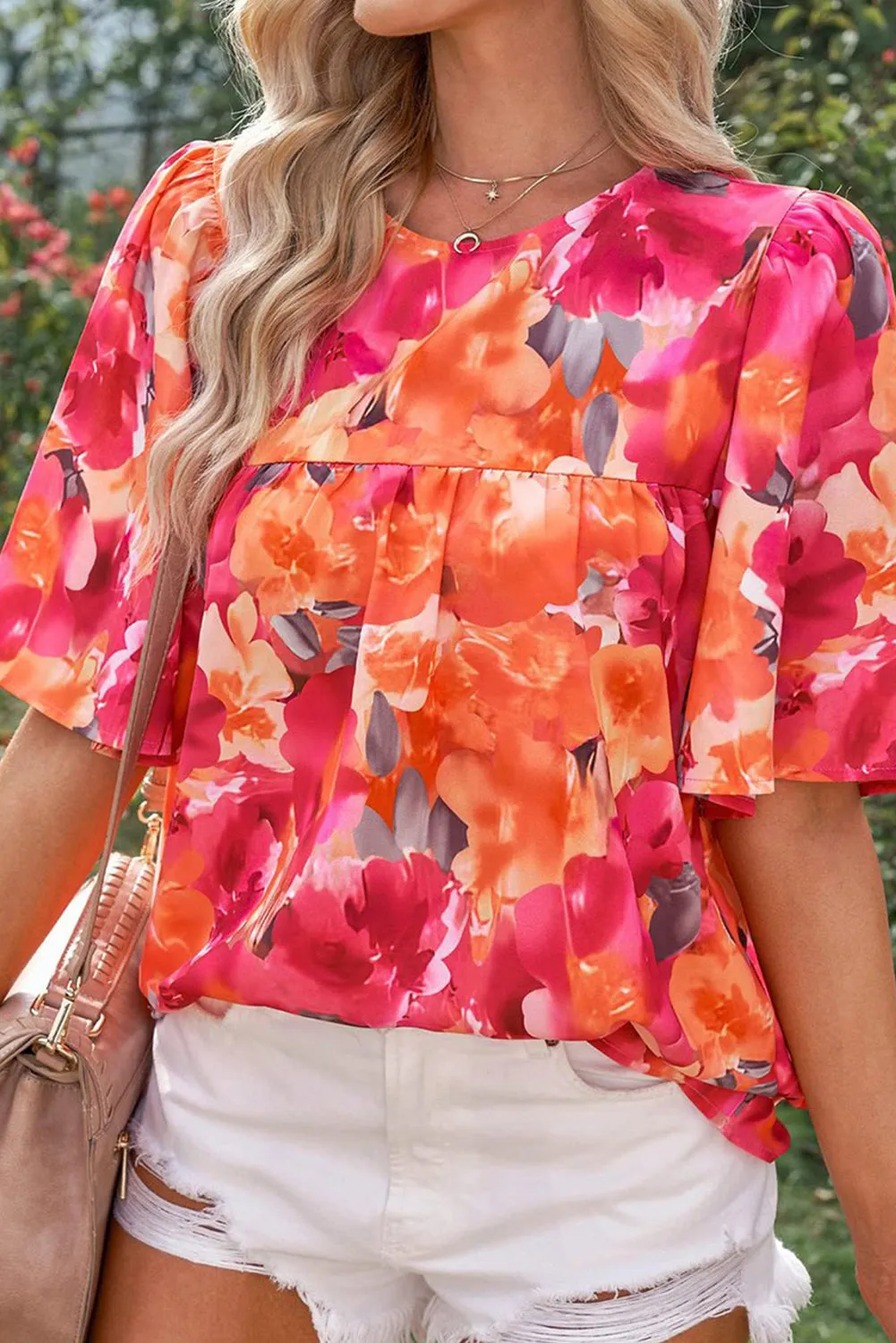 Red Floral Print Wide Sleeve Blouse
