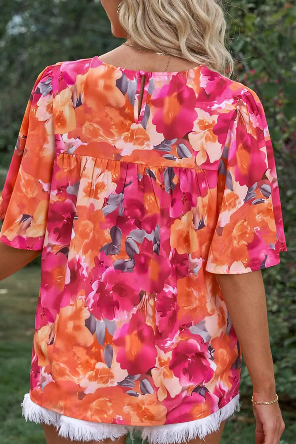 Red Floral Print Wide Sleeve Blouse
