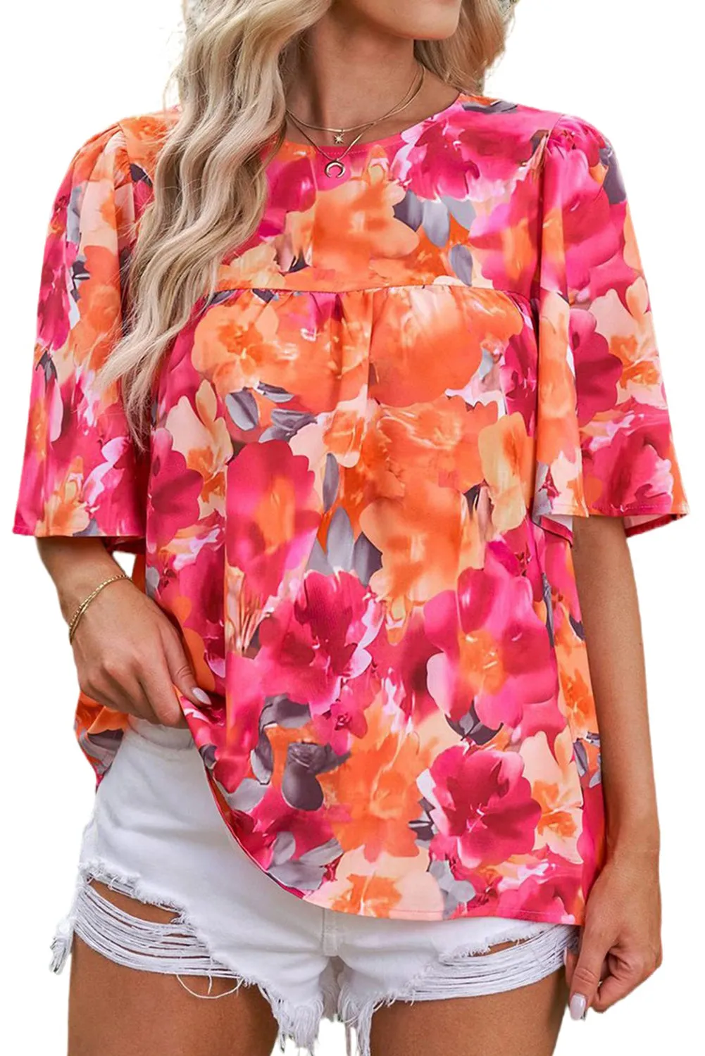 Red Floral Print Wide Sleeve Blouse