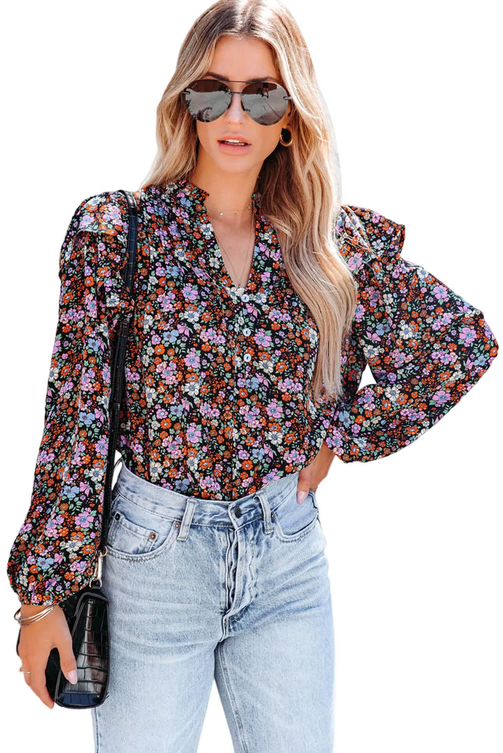 Red Floral Ruffled Bubble Sleeve Shirt
