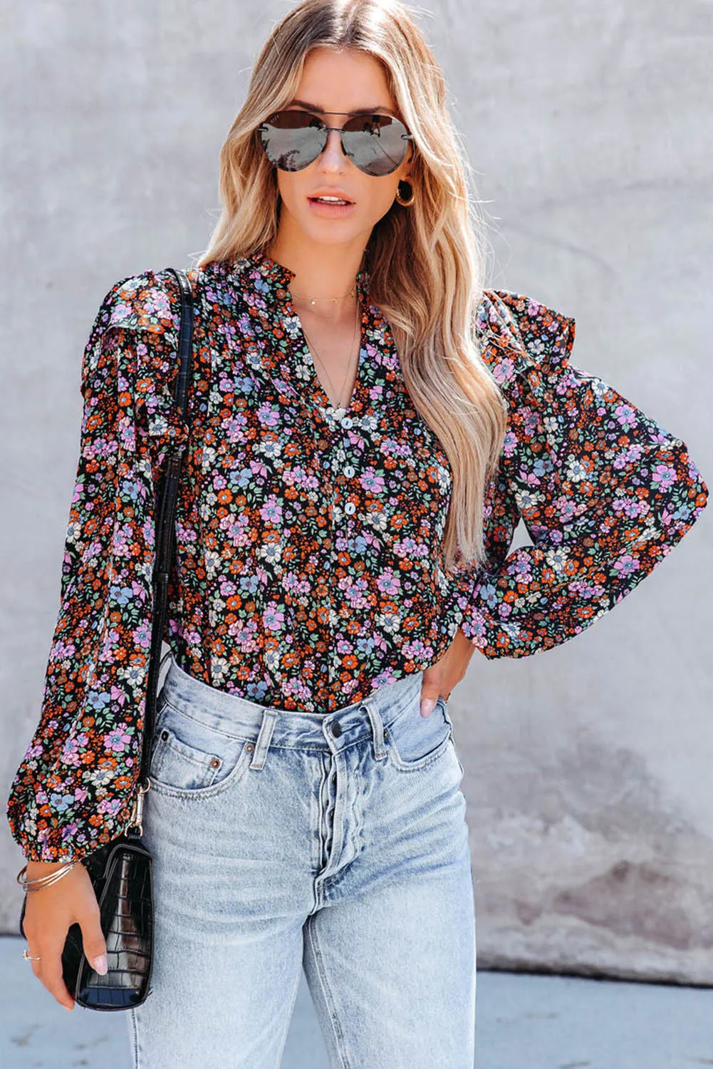 Red Floral Ruffled Bubble Sleeve Shirt