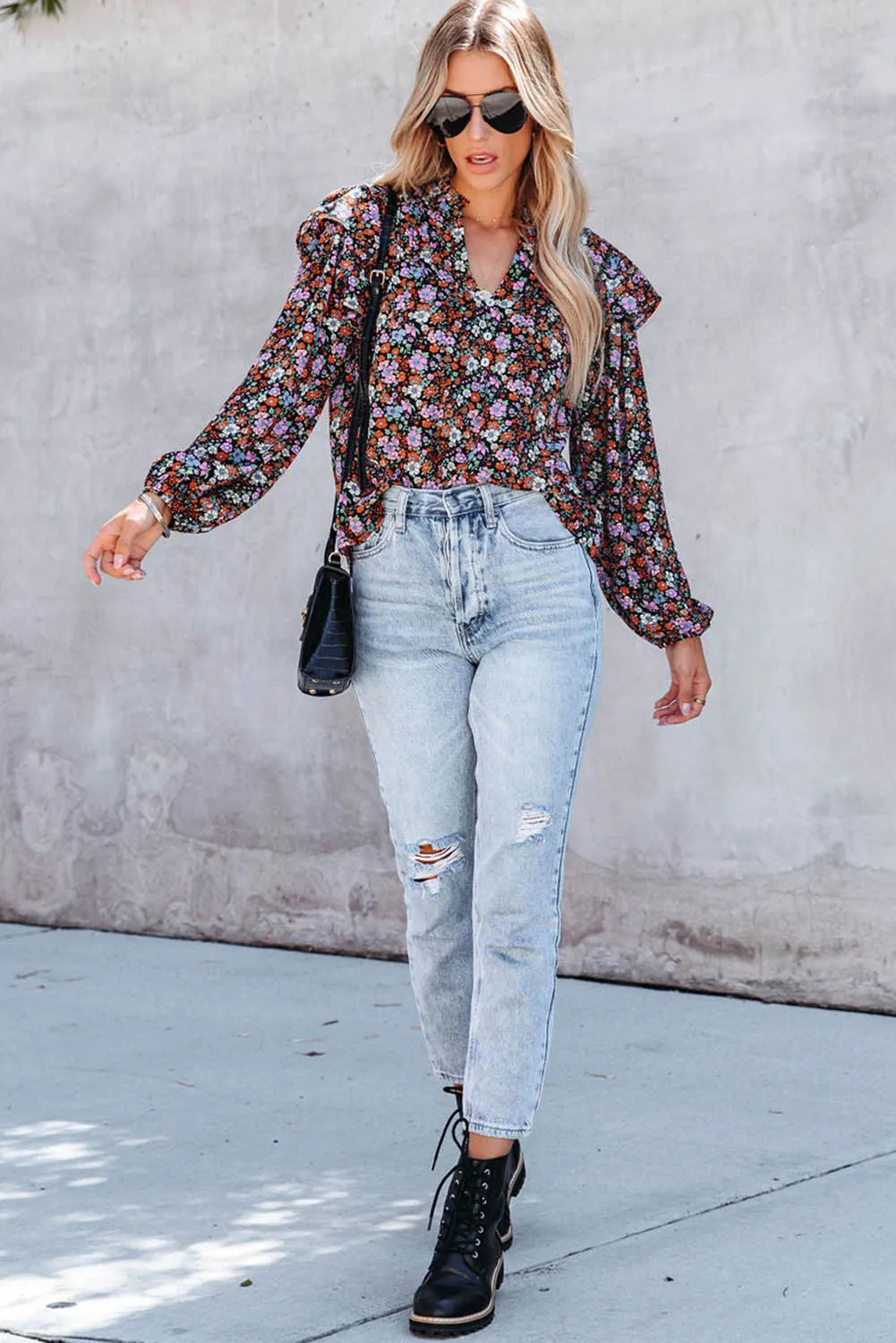 Red Floral Ruffled Bubble Sleeve Shirt