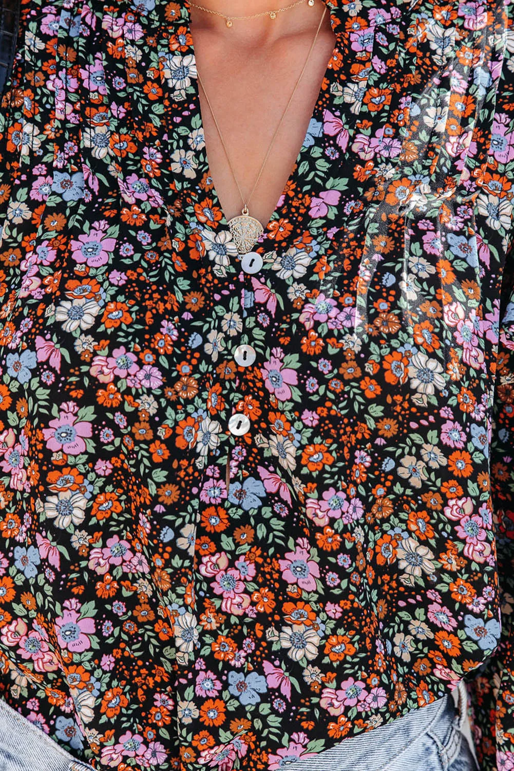 Red Floral Ruffled Bubble Sleeve Shirt