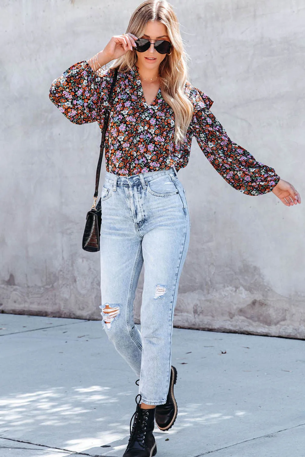 Red Floral Ruffled Bubble Sleeve Shirt