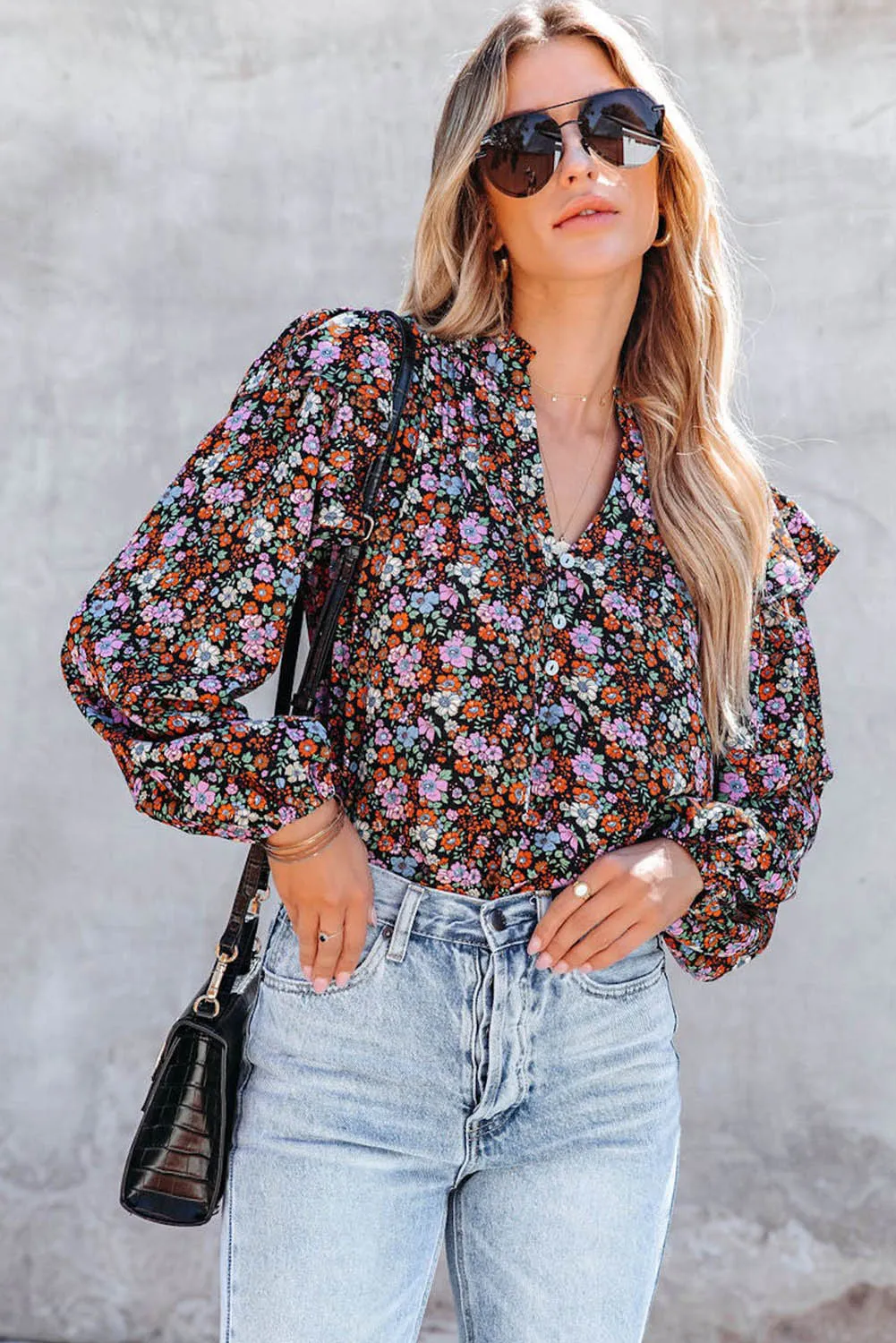 Red Floral Ruffled Bubble Sleeve Shirt
