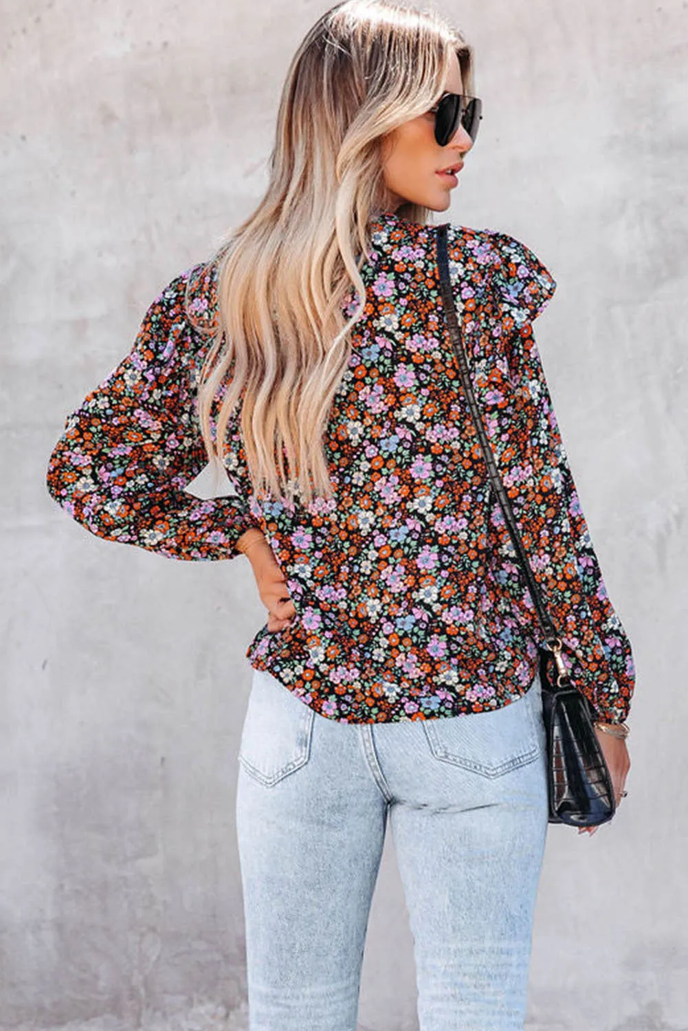 Red Floral Ruffled Bubble Sleeve Shirt