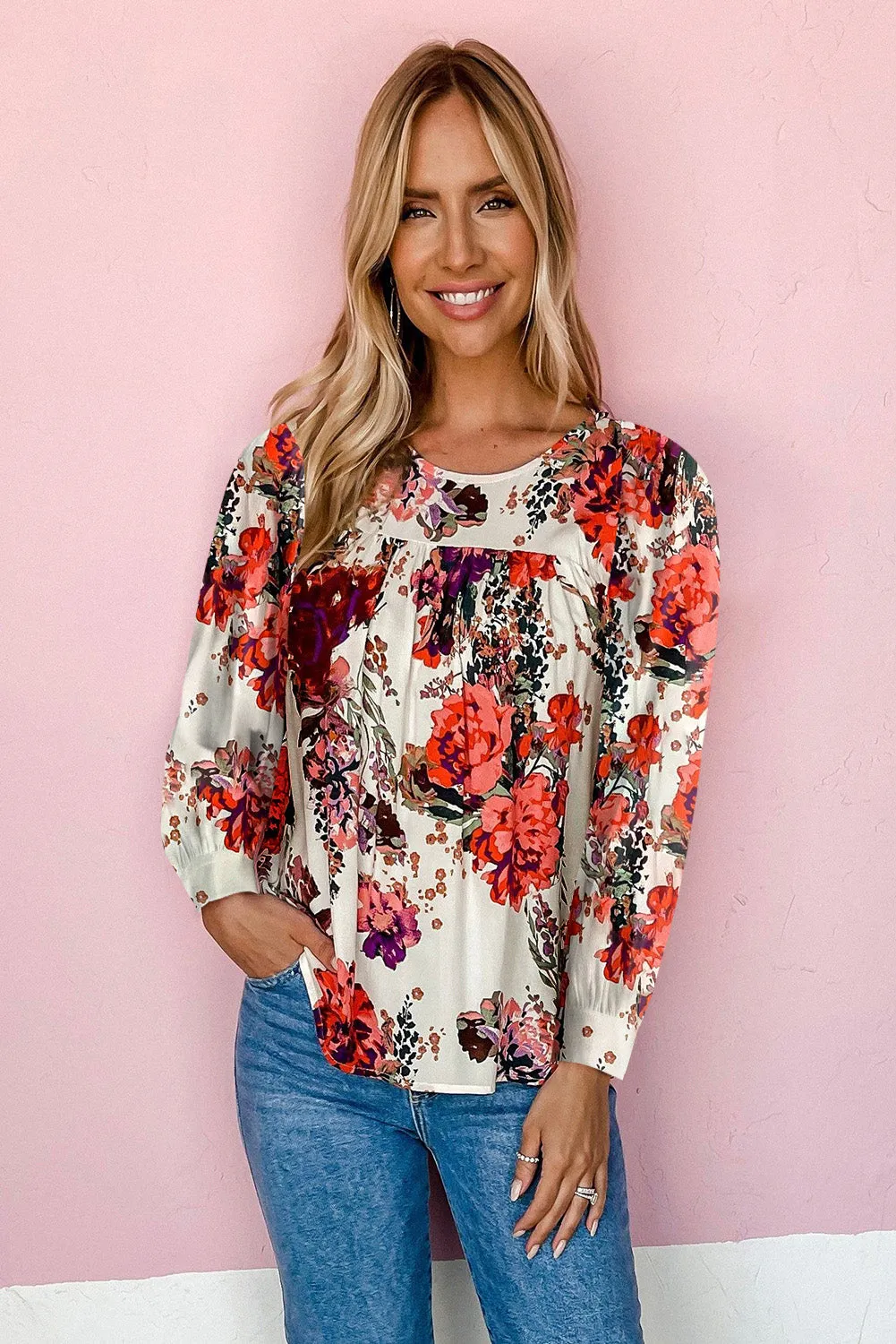 Red Retro Floral Long Sleeve Babydoll Blouse