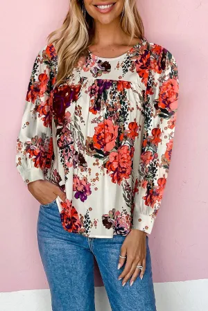 Red Retro Floral Long Sleeve Babydoll Blouse