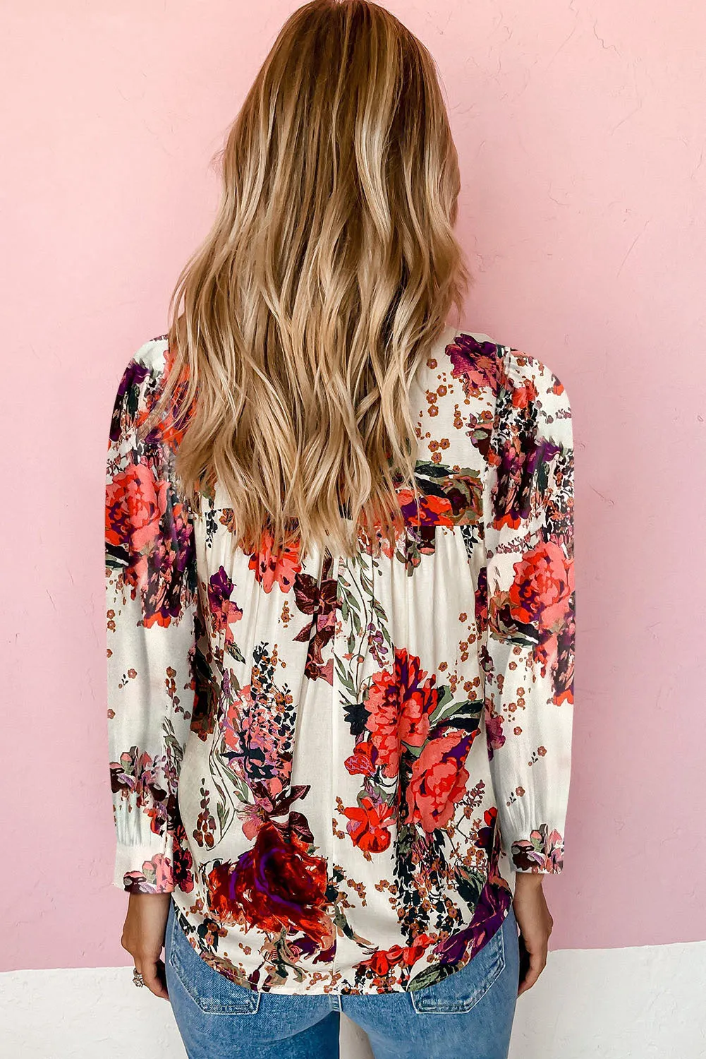 Red Retro Floral Long Sleeve Babydoll Blouse