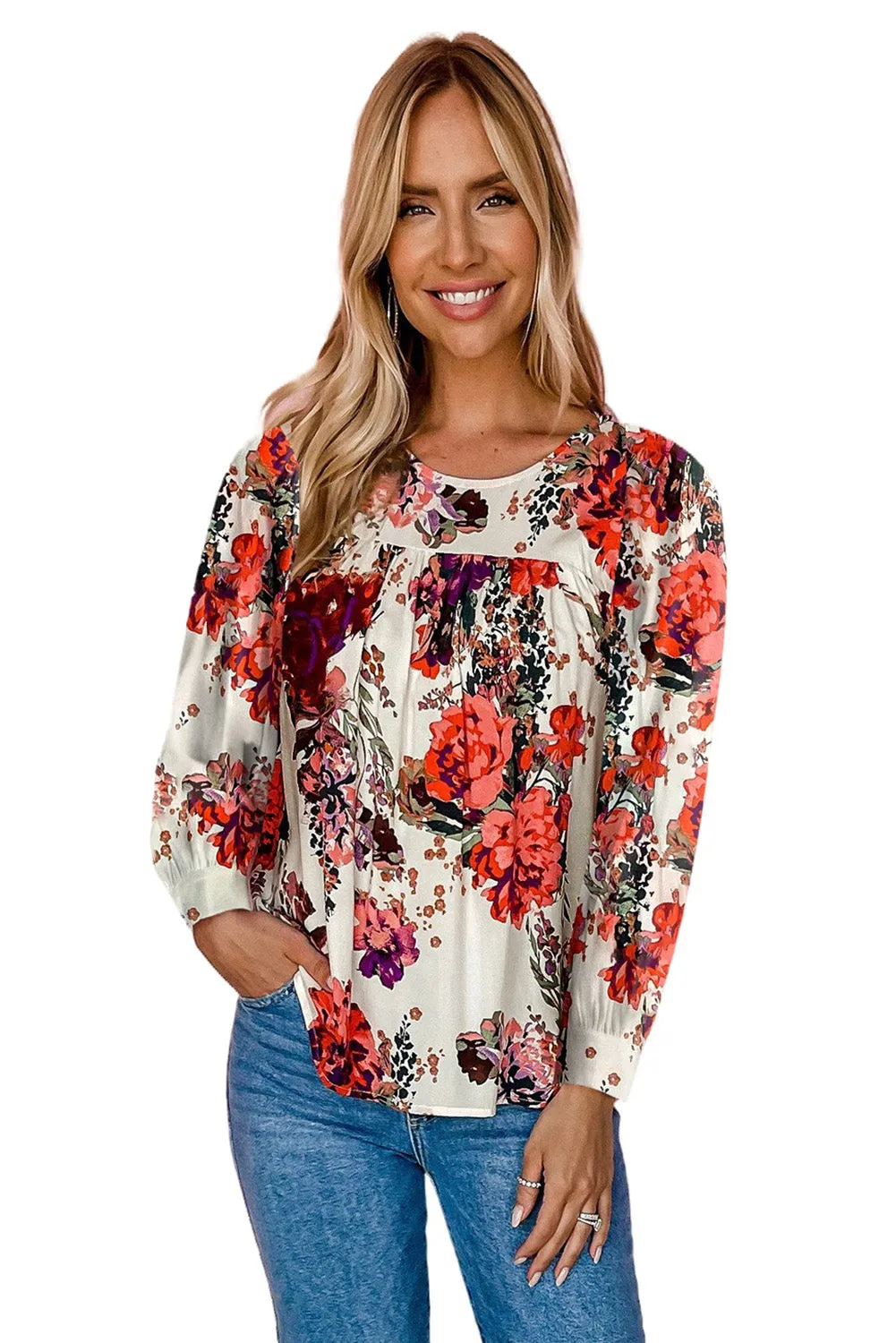 Red Retro Floral Long Sleeve Babydoll Blouse