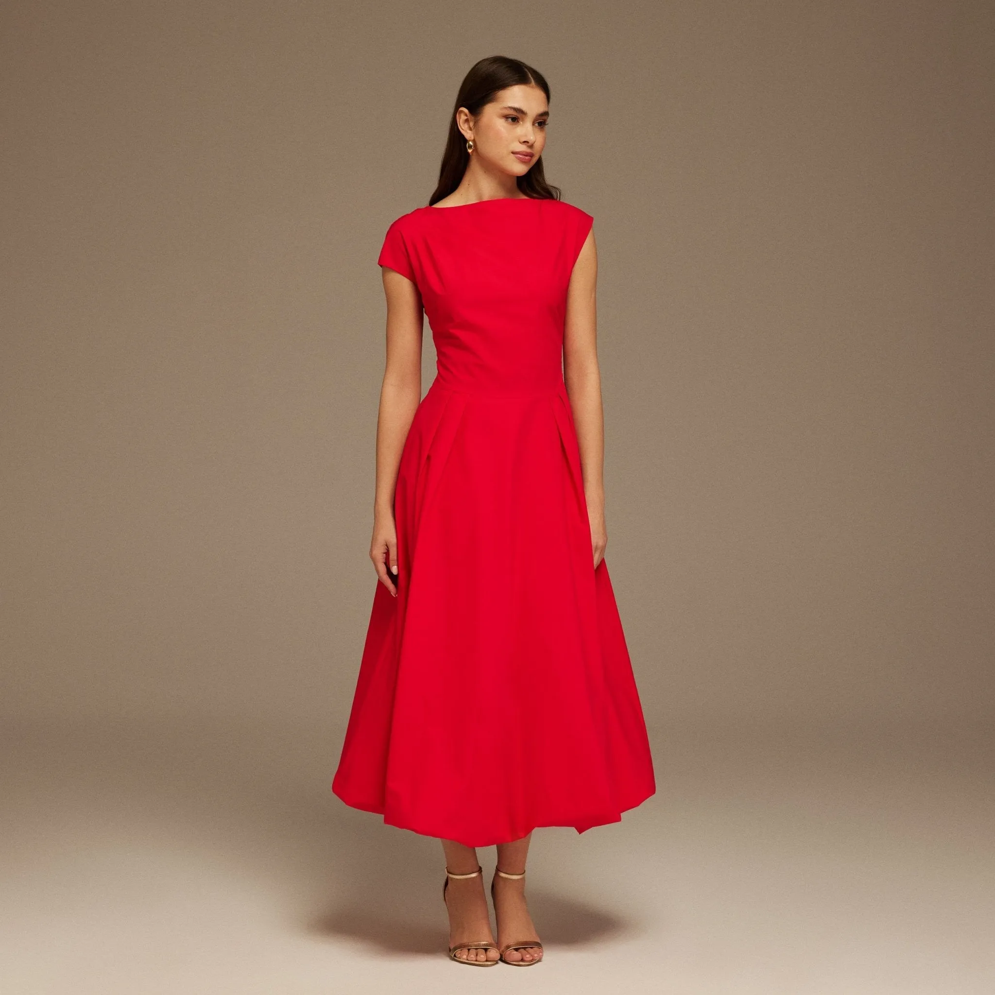 Red Short Sleeve Balloon Midi Dress