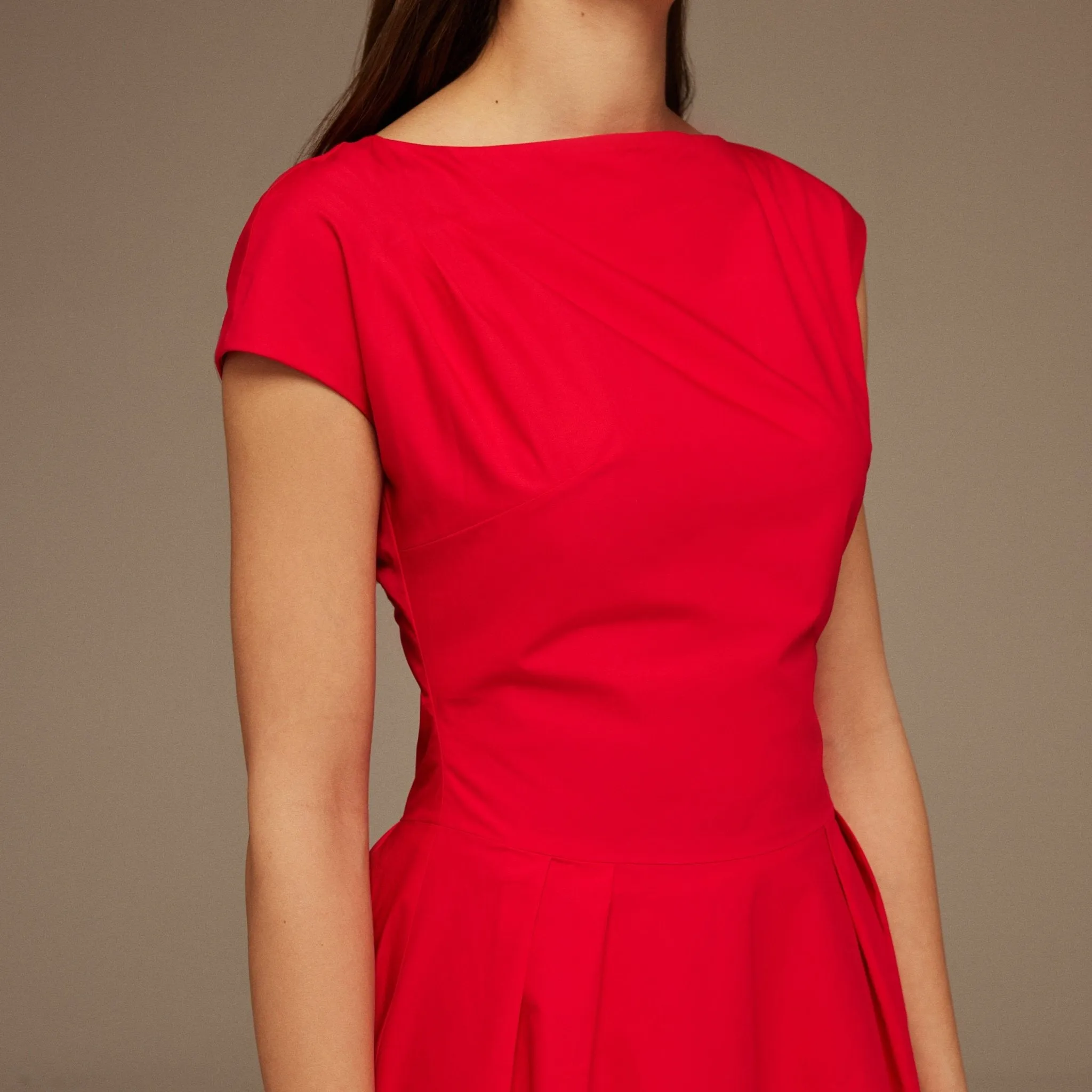 Red Short Sleeve Balloon Midi Dress