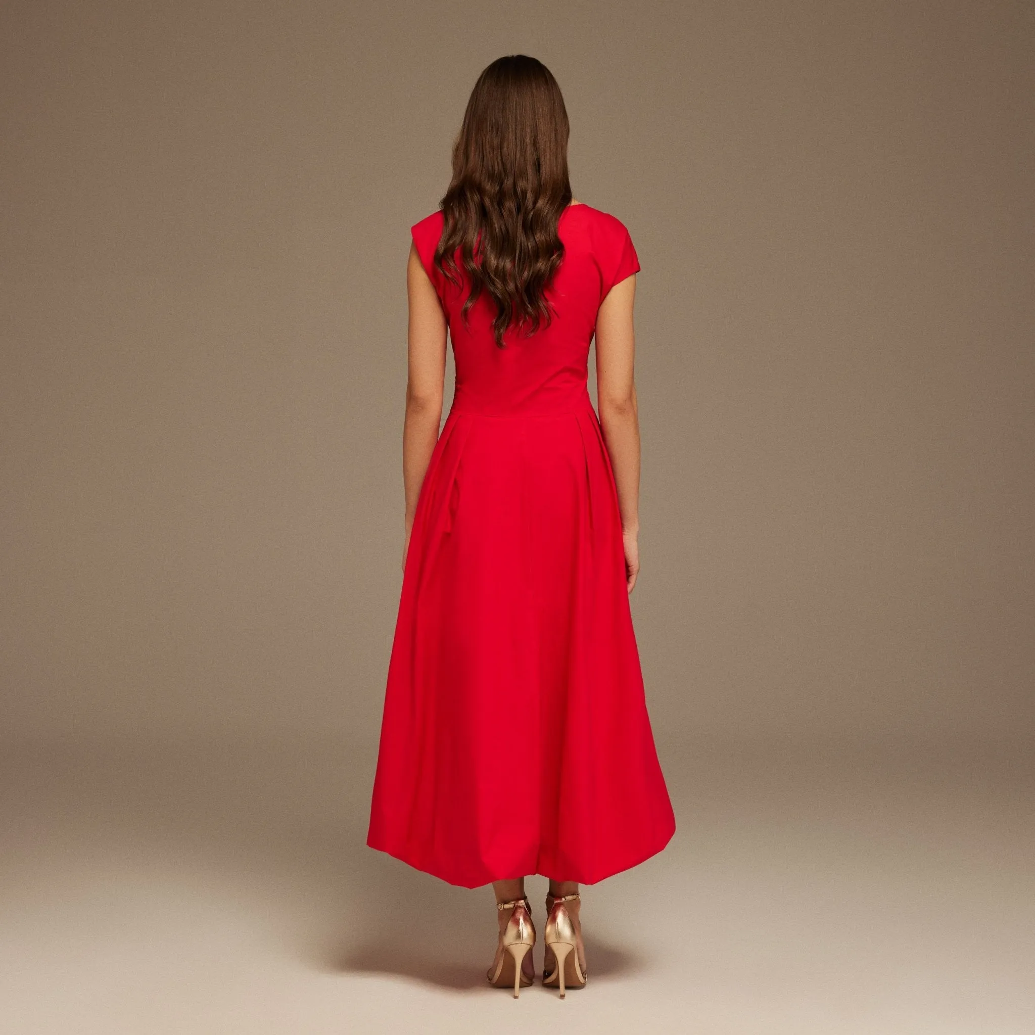 Red Short Sleeve Balloon Midi Dress