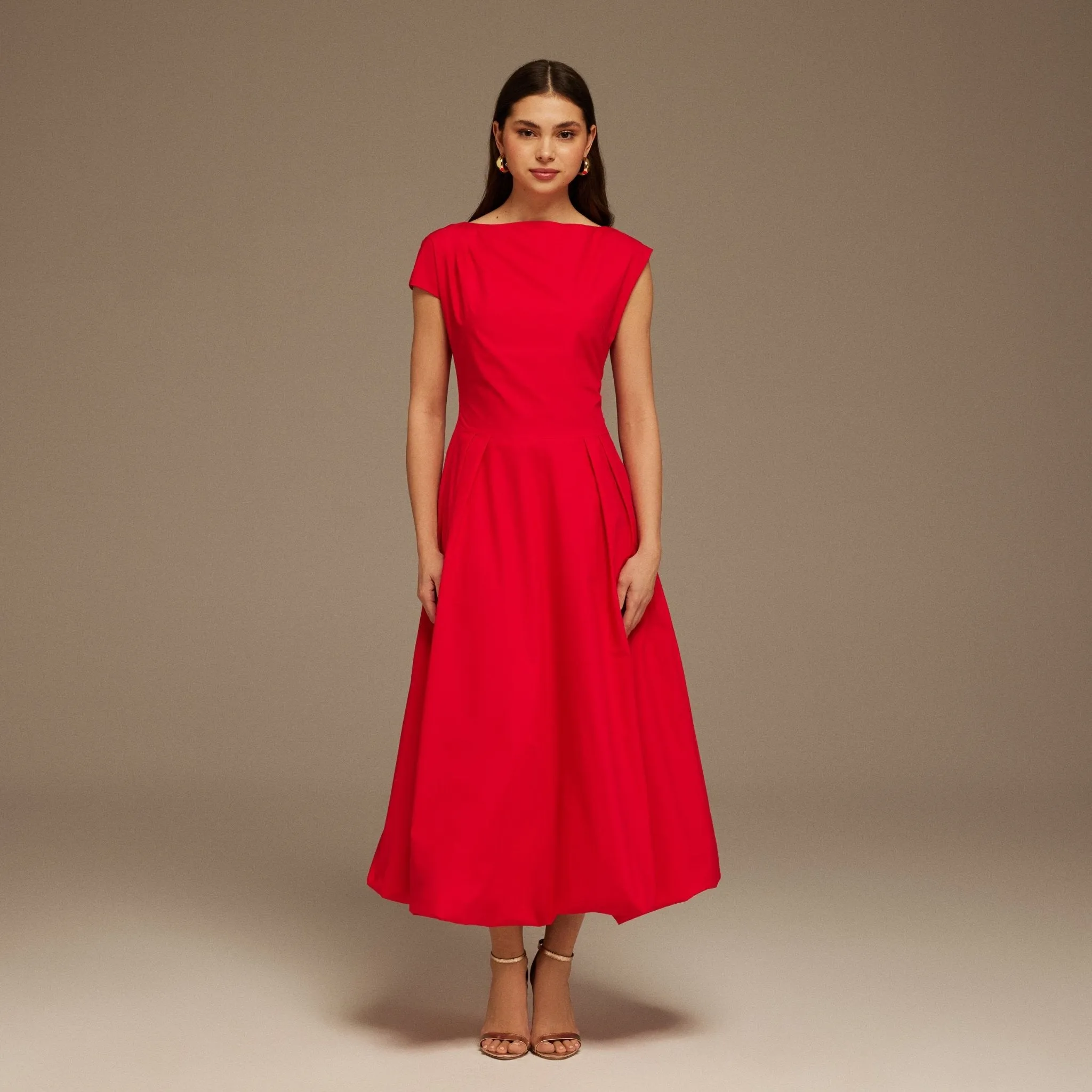 Red Short Sleeve Balloon Midi Dress