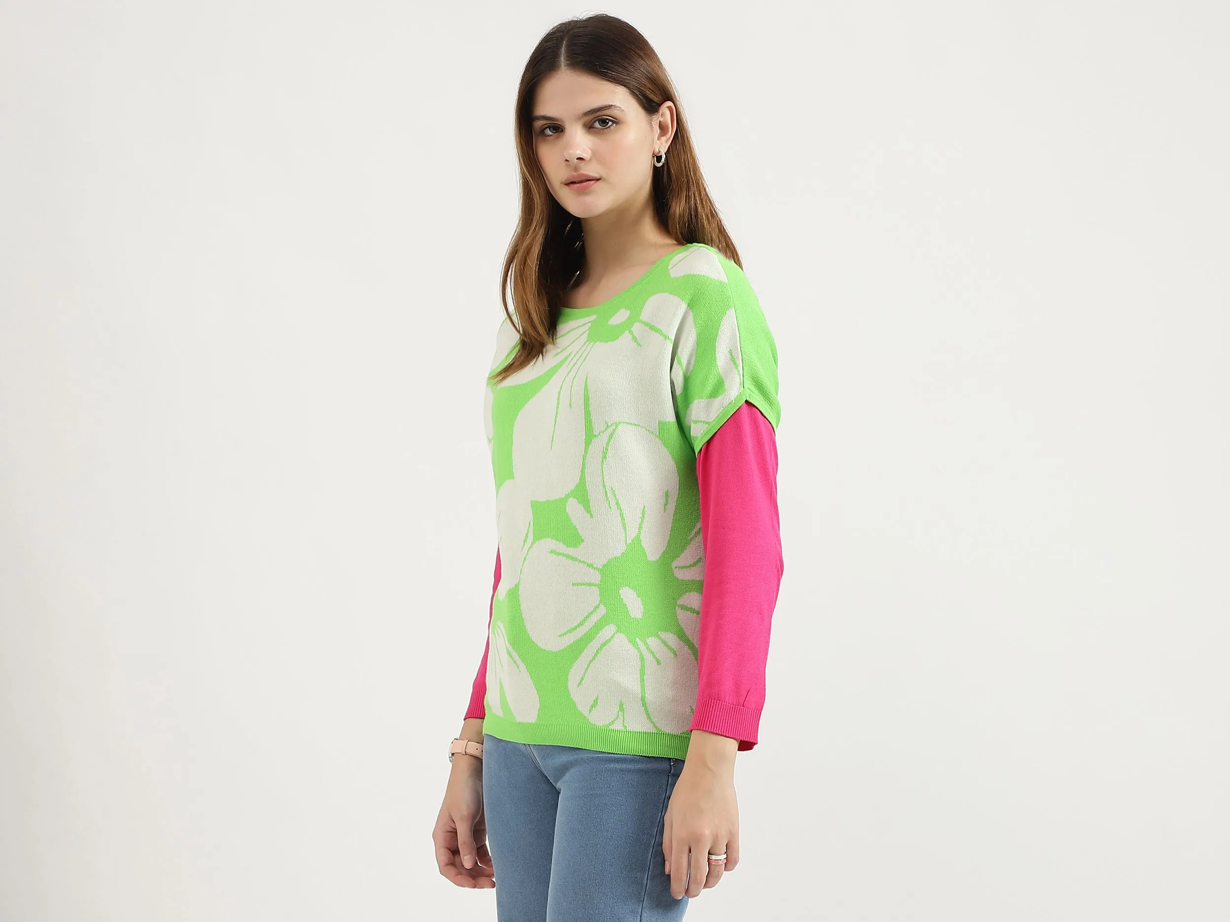 Regular Fit Round Neck Floral Print Tops